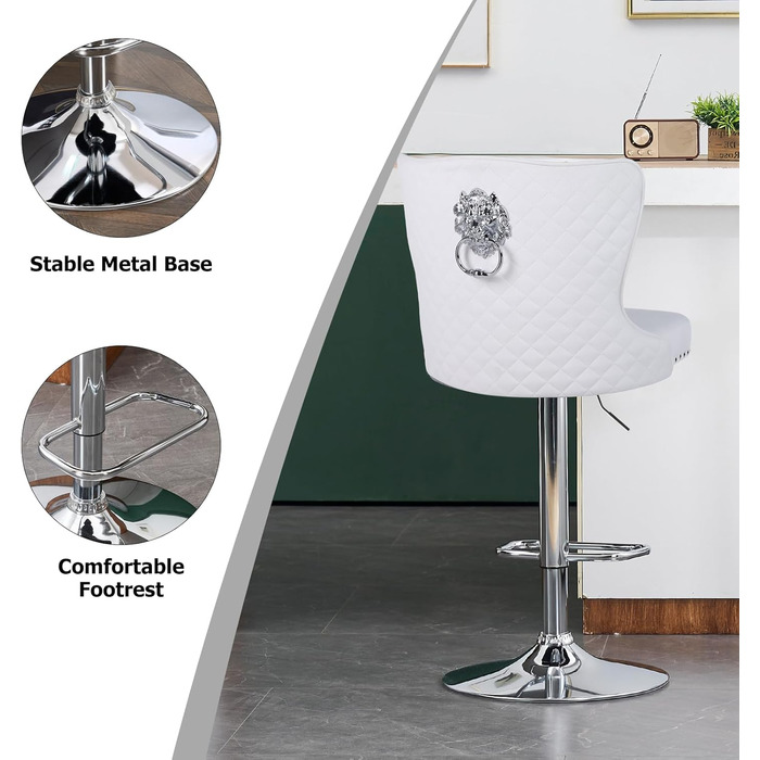 Modern Velvet Bar Stools 2-Pack - Adjustable Kitchen Counter Stools with Lion Paw Pulls - 360° Swivel, Black (White Option), 4-Pack Available