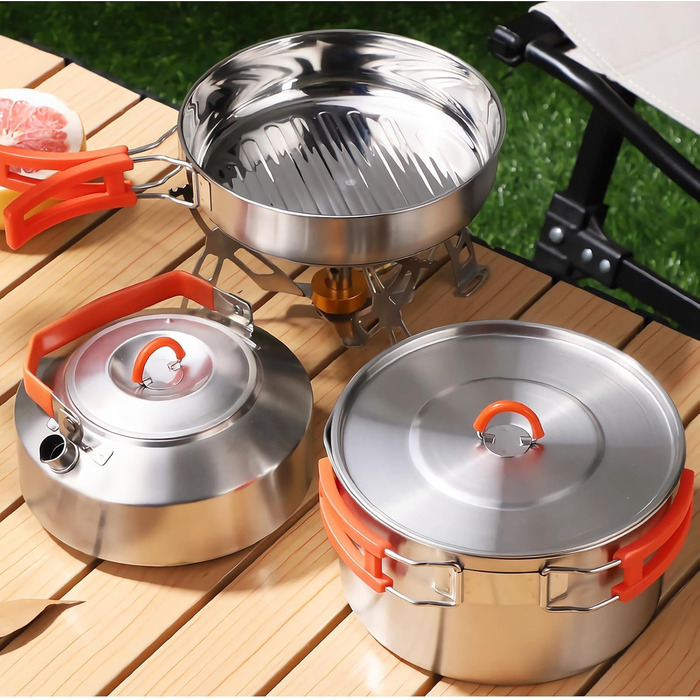 Набір посуду для кемпінгу з нержавіючої сталі 304, 1-2 особи. Посуд для туризму, похідний набір з каструлею, сковородою з антипригарним покриттям та чайником у сітчастій сумці