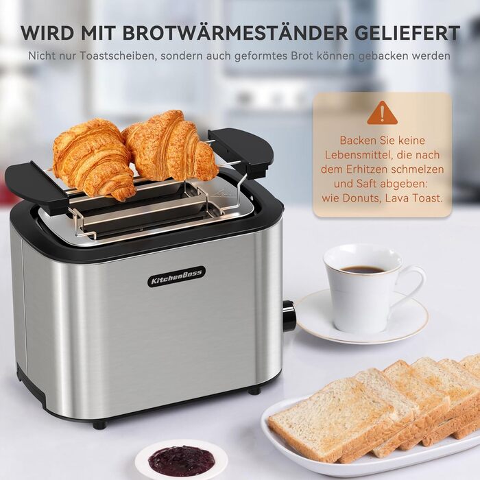 KitchenBoss 2-Slice Toaster: Toaster with bun rack and crumb tray, 6 browning levels, stainless steel toaster with automatic shut-off, defrost function, and reheat function, 870W