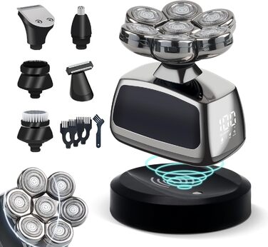 Електрична машинка для гоління голови Qhecomce 6-в-1, чоловіча, з 7 плаваючими головками, для сухого та вологого гоління, чорна