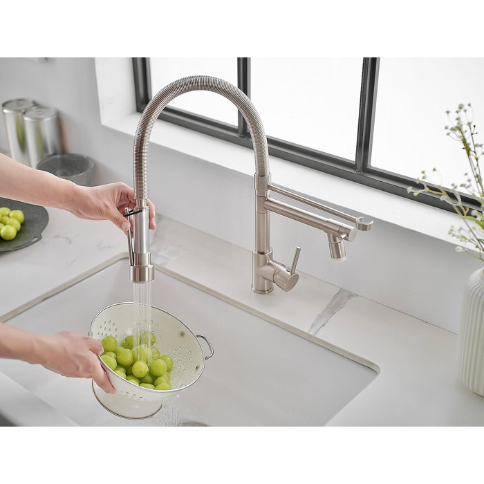 LED кухонний змішувач з спіральною пружиною, поворотний на 360°, з двома виливами, висувний, для кухні, з високим тиском, з нержавіючої сталі, LED, матове нікелювання