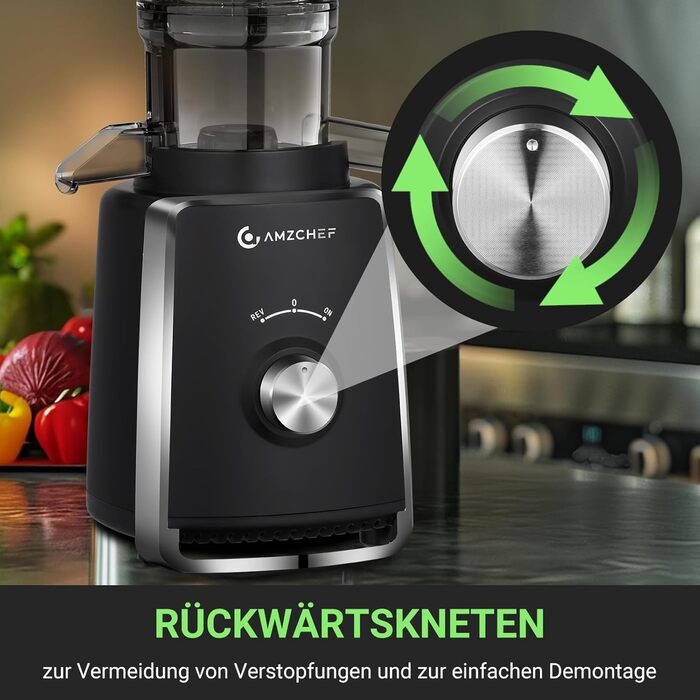 AMZCHEF Електричний соковитискач Slow Juicer 103 мм - потужність 250W, для овочів та фруктів, з 2 фільтрами, тихий двигун, функція реверсу, чорний