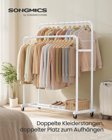 SONGMICS Вішалка для одягу на коліщатках, гардеробний стійка, білий матовий, 2 стійки, до 50 кг, 38 x 110 x 141,5 см, HSR016BH01