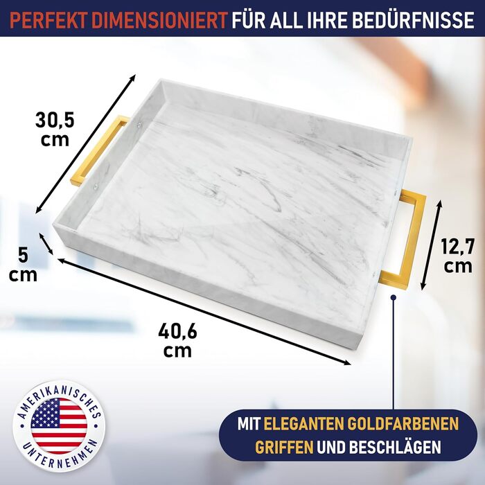 Acrylic Serving Tray with Golden Handles, 40.6 x 30.5 x 5.1 cm Decorative Tray for Table, Food, Drinks Serving Platter for Countertop, Kitchen, Bathroom, Party, Serving Tray (Marble)