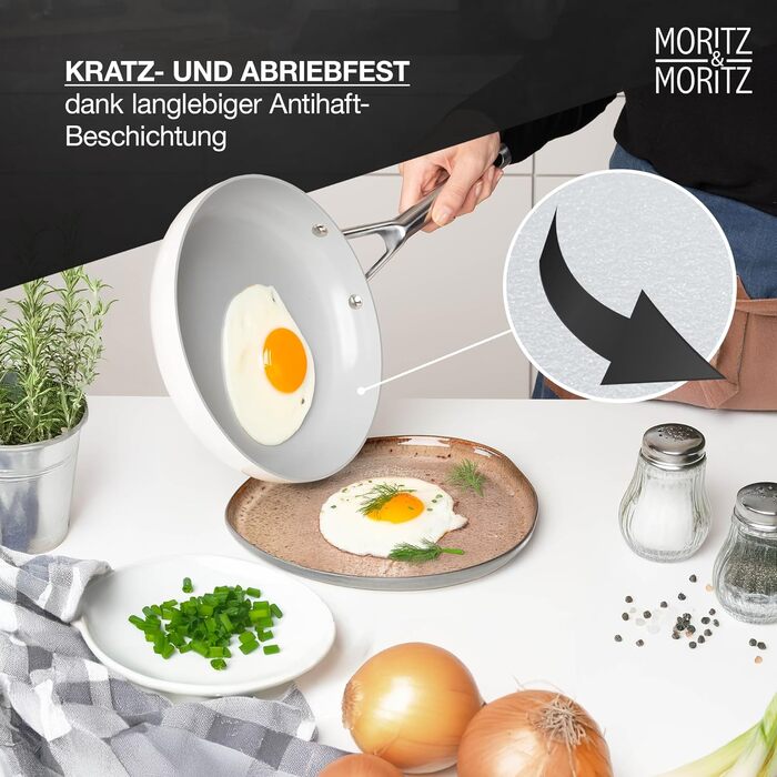 Moritz & Moritz 7-Piece Aluminum Cookware Set with Lids, Induction Compatible, including 2x Sauce Pots with Lids, 1x Serving Pan with Lid, and 1x Induction Frying Pan. Induction Cookware Set for all Cooktops, Cream color.
