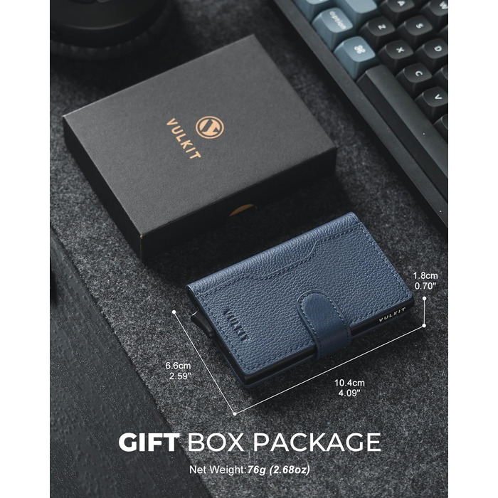 Чоловіче картхолдер VULKIT з RFID блокуванням, з металу, на 3 картки та віконцем для посвідчення, компактний гаманець, шкіряний, з магнітною застібкою, бордовий (справжня шкіра Litchi Navy)