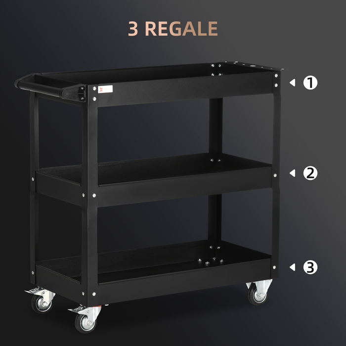 DURHAND 3-Tier Tool Cart with 4 Wheels, Steel, 33