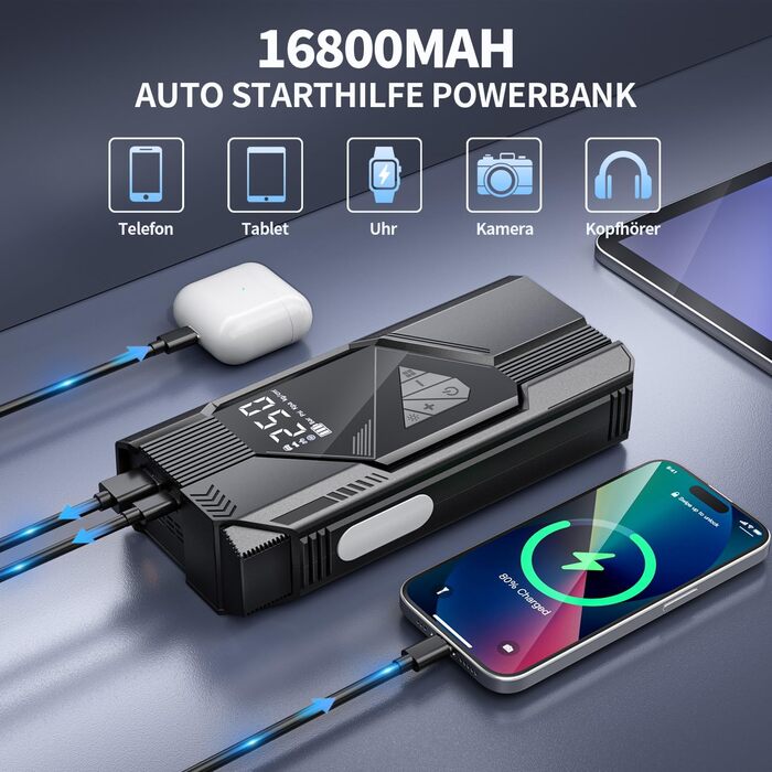 Powerbank для прикурювання FINIBO 6000A для авто 12V (бензин до 10л/дизель до 8л) з LCD екраном, кабелями для прикурювання, зарядний пристрій для акумулятора