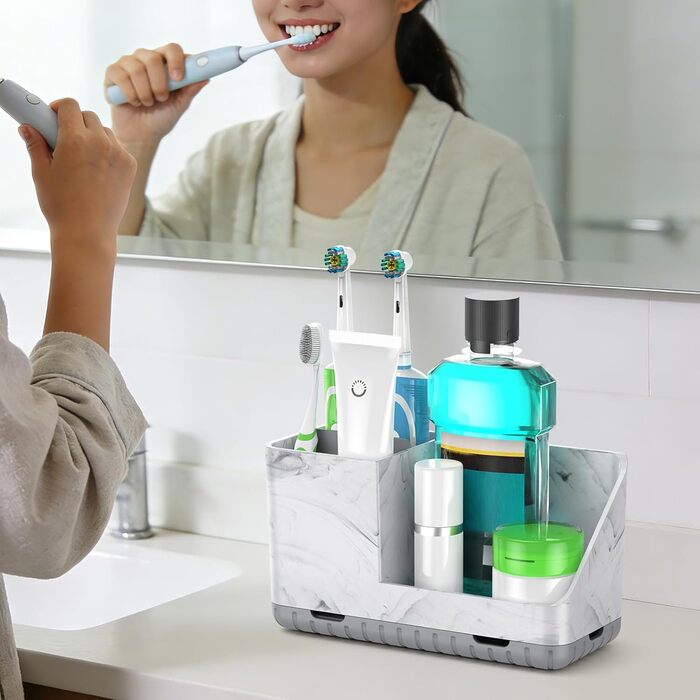 Тримач для зубних щіток у ванну кімнату, органайзер, підставка для електричної зубної щітки з отвором для зливу, знімний органайзер для ванної, кухні та сім'ї (Сірий) (Сірий мармуровий малюнок)