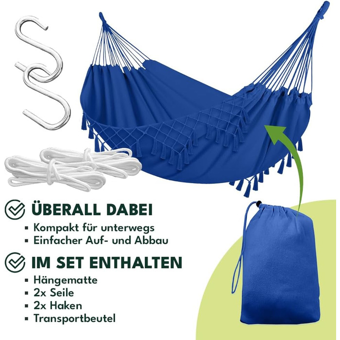Гамак KRUMAD 260 см, до 250 кг, водостійкий, бавовна-поліестер, для саду, балкону, кемпінгу, з дерев'яними розпірками та сумкою (Синій, 150x200 см)