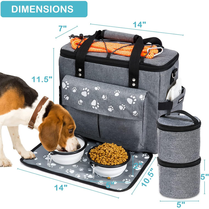 Сумка для собак у подорожі, схвалена авіакомпаніями, з контейнерами для корму та складними мисками (XL, сіра)
