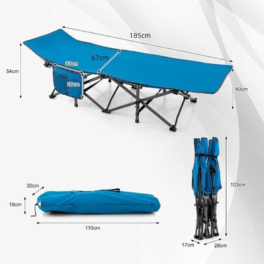 Складне кемпінгове ліжко GYMAX 185x67x54 см. Легке, портативне, з кишенею, до 270 кг, Oxford-тканина (блакитне)