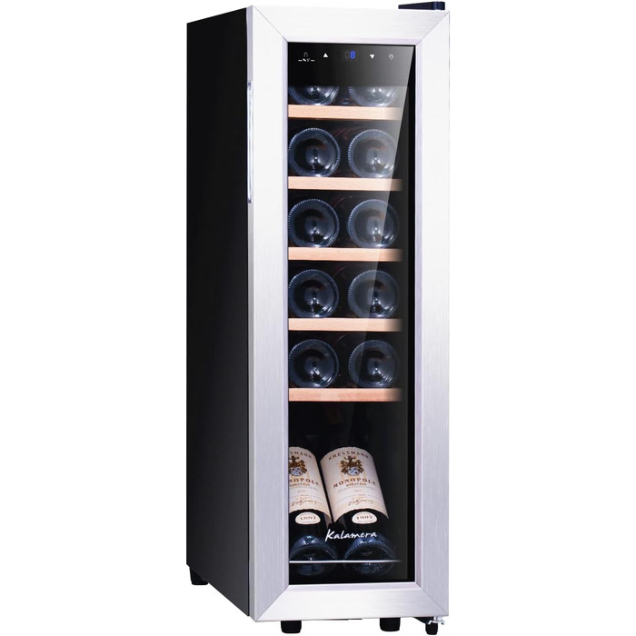 Kalamera 28-Bottle Wine Refrigerator with Touch Control, Stainless Steel Door, 5-18°C Cooling Zone, Removable Wooden Shelves