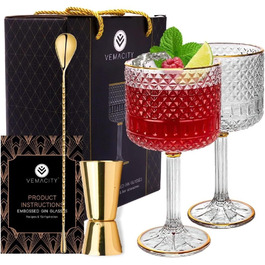 Набір келихів для джину Vemacity Luxuriöses Gin Gläser 2er Set: 2 келихи з золотими деталями (450 мл), ложка, мірний стакан, E-book з рецептами. Чудовий подарунковий набір.