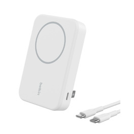 Бездротовий павербанк Belkin BoostCharge Pro 10000mAh з підтримкою Qi2 та MagSafe, портативний зарядний пристрій зі стійкою для iPhone 16, 15, 14, Pixel — Білий