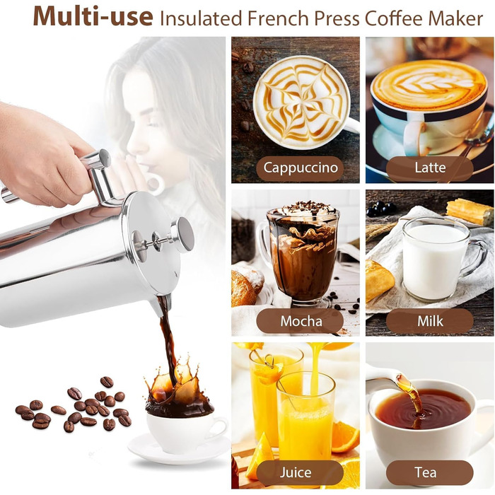 Make a French press coffee machine, 21oz stainless steel French press with a 3-level filtration system, double-walled insulated French press with 3 filters and 1 metal spoon, black