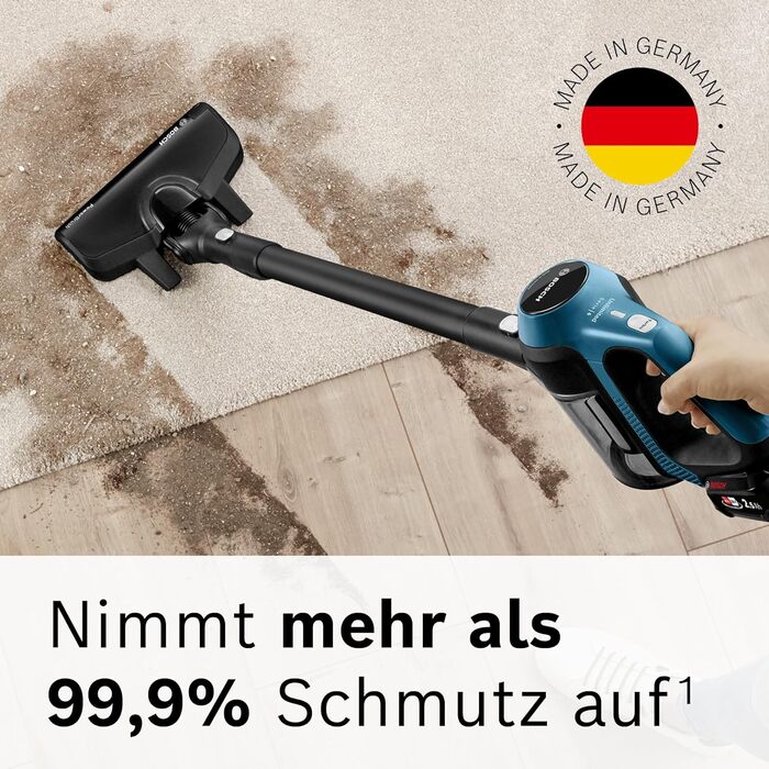 Bosch Unlimited Serie 6 BKS6111P cordless vacuum cleaner, cordless handheld vacuum, bagless, lightweight, hygiene filter, high suction power, long runtime, crevice nozzle, suitable for all floor types, blue