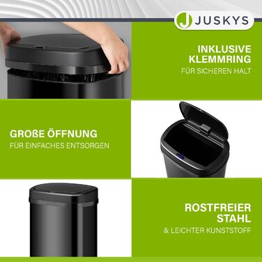 Сміттєвий бак кухонний Juskys з датчиком руху, 60л, чорний - нержавіюча сталь, кутовий, з фіксатором для пакетів