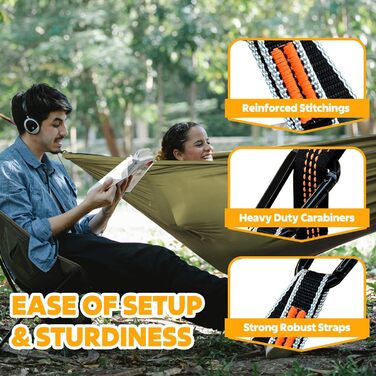 Легка туристична гамак NATUREFUN для кемпінгу | 300 кг вантажопідйомність, 275 x 140 см | Дихаючий, швидковисихаючий нейлон, 2 карабіни, 2 петлі | Для дому, саду, відпочинку на природі