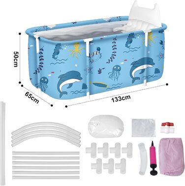 Foldable Bathtub for Adults, 132 x 68 x 47 cm, Steam Bucket for Sauna, Shower and Ice Bath, Portable, Non-Inflatable (Blue) (Green)
