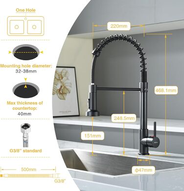 Чорний кухонний змішувач з витяжною лійкою, 360° поворот, 2 режими, нержавіюча сталь