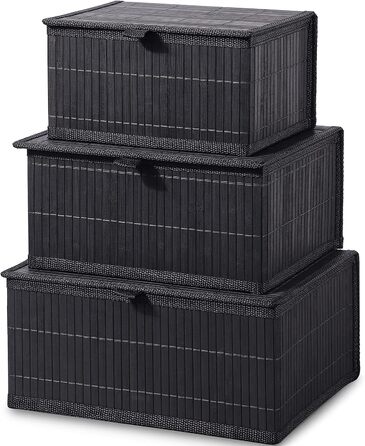 Honeycomb Storage Basket with Lid, Woven - Bamboo Decor Storage Boxes, Set of 3 Rattan Basket with Lid Woven Fabric Insert for Bathroom Kitchen Shelf Organization (Large/Medium/Small) (Black Box)
