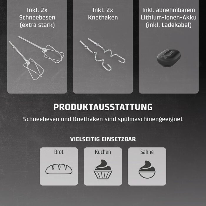 CASO Click & Mix - бездротовий ручний міксер, акумуляторний, для змішування, вимішування тіста, збивання, 8 швидкостей (600-1200 об/хв)