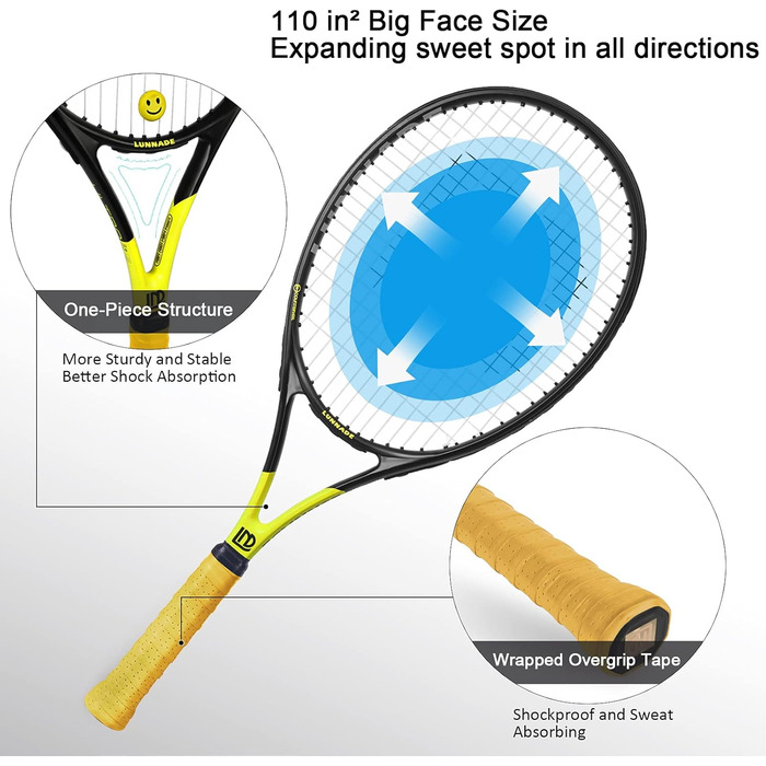 LUNNADE Adult Tennis Racket - Lightweight with Case, Suitable for Men & Women Beginners & Advanced Players (27 Inch, Black+Yellow)
