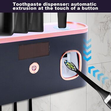 Автоматичний диспенсер зубної пасти з UV-дезінфекцією та тримачем для зубних щіток на 6 щіток, монтаж без свердління. Підходить для дітей та дорослих. Чорний колір