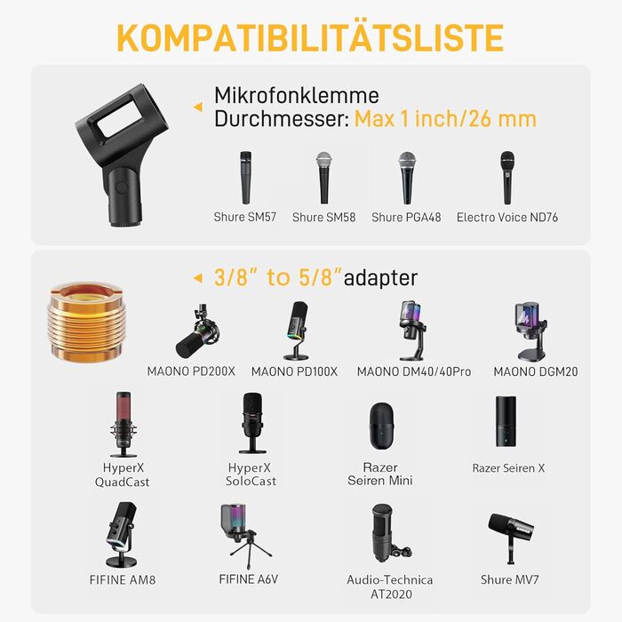 Тримач для мікрофона Maono BA20, регульований, для подкастів, геймінгу, стрімінгу та запису звуку, з кріпленням до столу та адаптером 3/8' - 5/8'