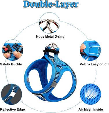 Шлейка для собак Suredoo для маленьких і середніх порід, анти-тяга, дихаюча, з поводом (M, 34-39см; XL, 46-53см, 8-10.5кг), блакитна в клітинку