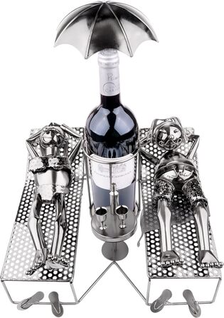 BRUBAKER Wine Bottle Holder - Loving Couple on Vacation - Metal Sculpture Bottle Stand, Reclining Couple Under Palm Tree - Silver Metal Figure Bottle Holder, Wine Gift for Vacationers with Greeting Card