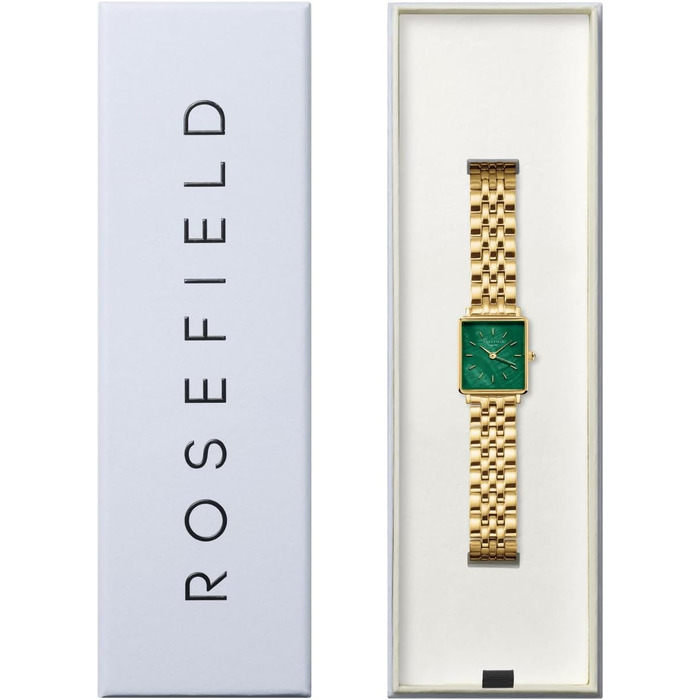 Жіночий годинник Rosefield Boxy XS з білим циферблатом Sunray, золотистий корпус та зелений ремінець, 22x24 мм