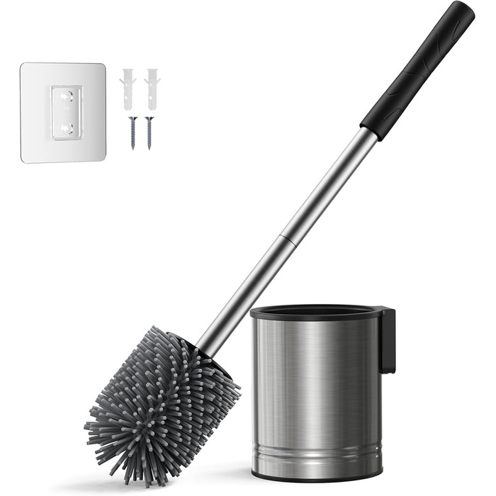 Набір для туалету Hamitor: щітка для унітазу з силікону та нержавіючої сталі, настінний монтаж без свердління, швидковисихаючий тримач, сріблястий