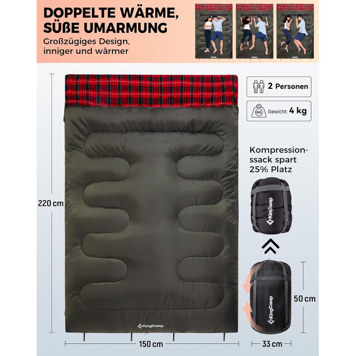 KingCamp 2-Person Sleeping Bag - Winter Warm Outdoor Sleeping Bag for Camping & Travel - 3-4 Season, Lightweight, with Flannel Pillows