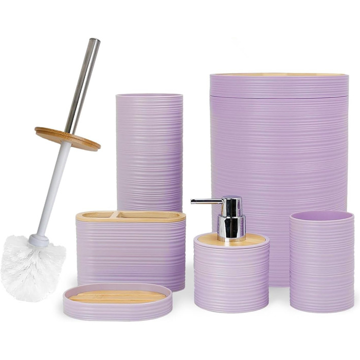 Набір аксесуарів для ванної кімнати CERBIOR: 6 предметів з бамбука (набір для ванної, себорегулятор, тримач для зубних щіток, стаканчик для щіток, мильниця, подарунок для дому, фіолетовий)