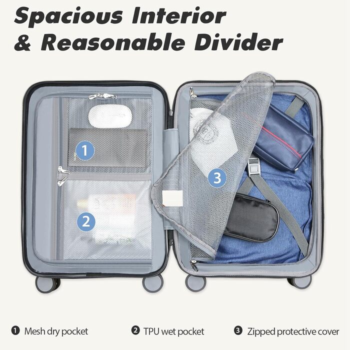 Валіза ручної поклажі Vankean з обертовими колесами та TSA-замком, розширювана, сірого кольору, 20 дюймів