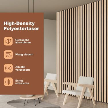 Акустичні настінні панелі з дерева та фетру 120x60 см, звукопоглинаюча обробка стін з шпоном дуба, набір 2 шт (1,44 м²), колір дуб