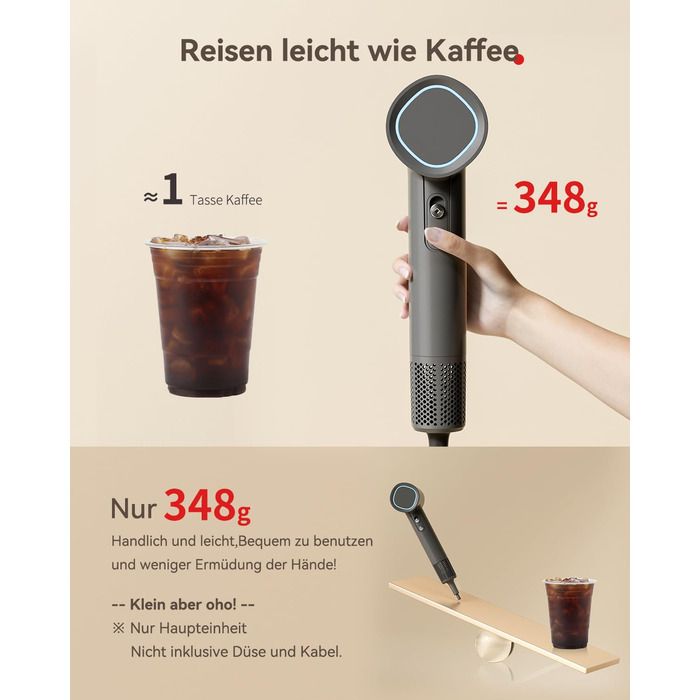 Фен з дифузором, потужний фен з мотором 160 000 об/хв, іонізатор, 500 млн негативних іонів, для подорожей та дому (сірий), сірий дифузор