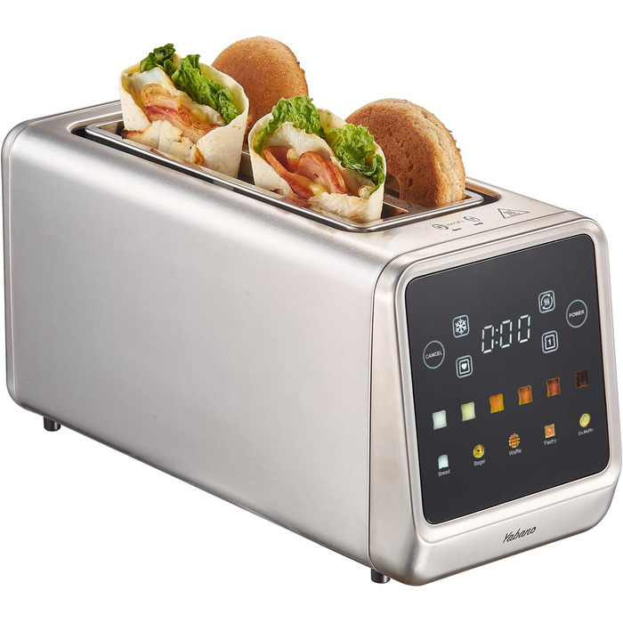 Тостер Yabano на 4 підсмажувальні позиції з сенсорним екраном та функцією пам'яті, технологією Single-Slice, таймером, функціями розморожування та підігріву, з нержавіючої сталі, 6 рівнів підсмажування, 5 програм для хліба