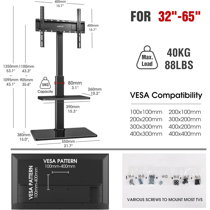 Підставка для телевізора Boden для 32-65 дюймів, поворотна (60°), регульована по висоті (8 ступенів), чорна, до 40 кг, VESA 400x400