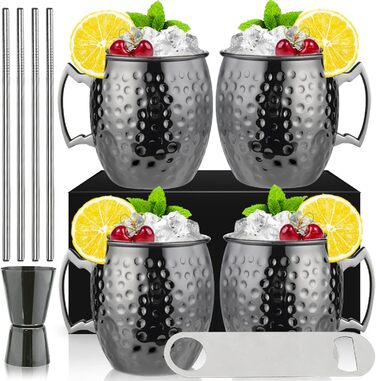 Moscow Mule Mug Set with 4 Black Moscow Mule Cups, 530 ml, Gunmetal Black Plated, Stainless Steel Cups, Double Measuring Cups, Chilled Cold Drinks, Cocktail Cups, Drinkware with Gift Box