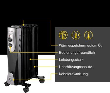 Електричний масляний радіатор Gutfels HR 32007 sw | 3 режими нагріву | 7 ребер | 1500 Вт | Чорний колір