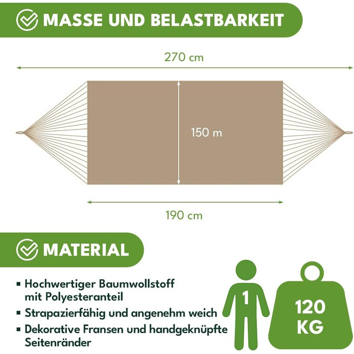 Гамак KRUMAD 260 см, до 250 кг, вологостійкий, бавовна-поліестер, для саду, балкону, кемпінгу, з дерев'яними розпірками та сумкою (Бежевий, 150x200 см)