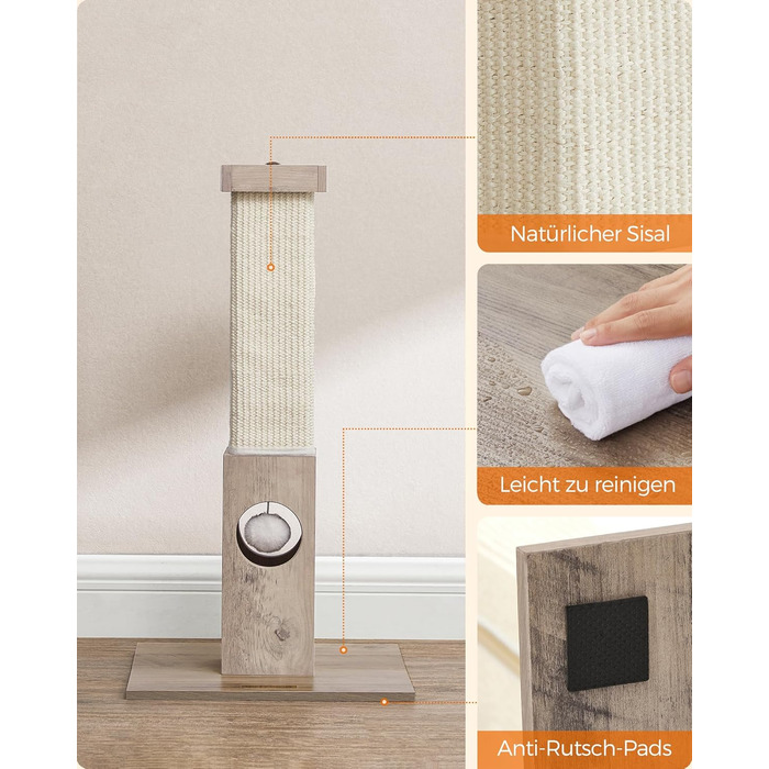 Feandrea Scratching Post, Scratching Trunk, Cat Tree, 10 cm Thick Trunk, Scratching Column Made of Natural Sisal Rope, 73 cm High, with Plush Play Ball, Furniture Scratch Protector, Greige PCA021G01