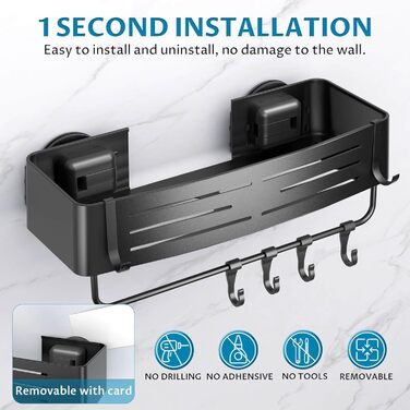 Поличка для душу Onemake з присосками, регульована, з гачками та рушниковою перекладиною, органайзер для ванної кімнати, матовий чорний, 1 шт.