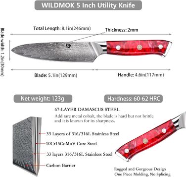 Кухонний ніж WILDMOK 12см з нержавіючої сталі Damaskus VG-10, гострий кухонний ніж, ергономічна ручка з кольорового харчу, подарункова коробка (червона ручка)