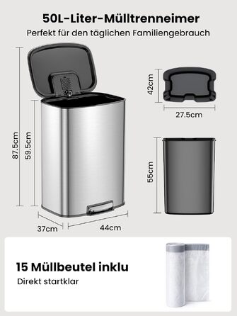 Сміттєвий відро для кухні YEAUPE PRO 50Л з педаллю, нержавіюча сталь, кришка Soft-close та внутрішнім відром, сріблясте