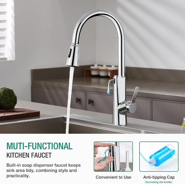 Кран кухонний CREA Wasserfall висувний з дозатором мила, нержавіюча сталь, 360° оберт, 4 режими, хром