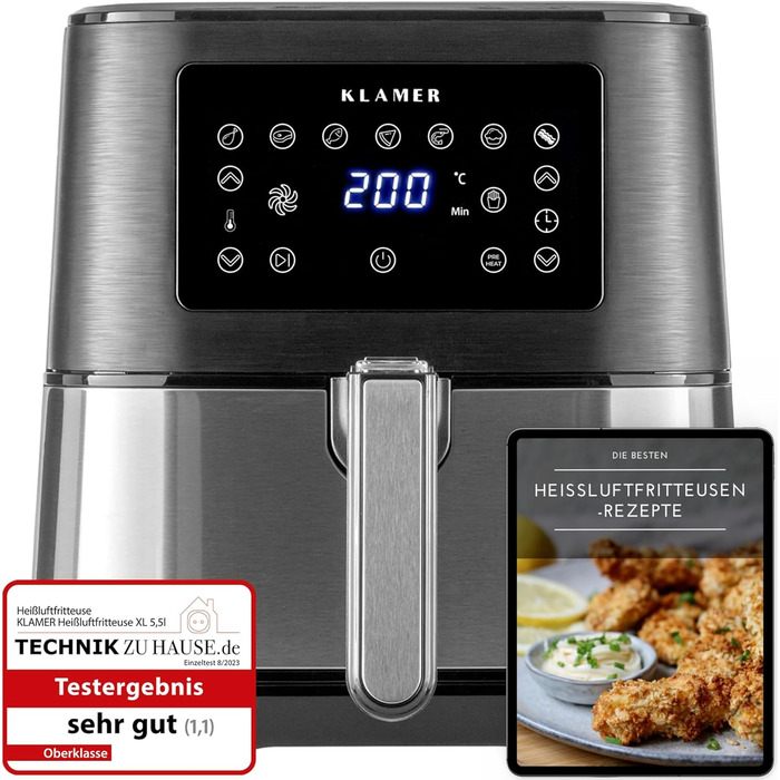 Фритюрниця KLAMER 5,5 л XXL без олії, 1700 Вт, аерофритюрниця з LED-екраном, цифровою німецькою книгою рецептів, багатофункціональна міні-фритюрниця з нержавіючої сталі